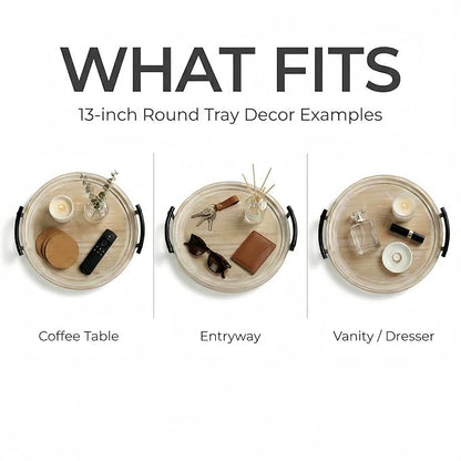 Decorative Round Tray with Bead Garland, 13 Inch Whitewashed Farmhouse Coffee Table Centerpiece, Wooden Decor Tray with Handles for Kitchen Island & Entryway