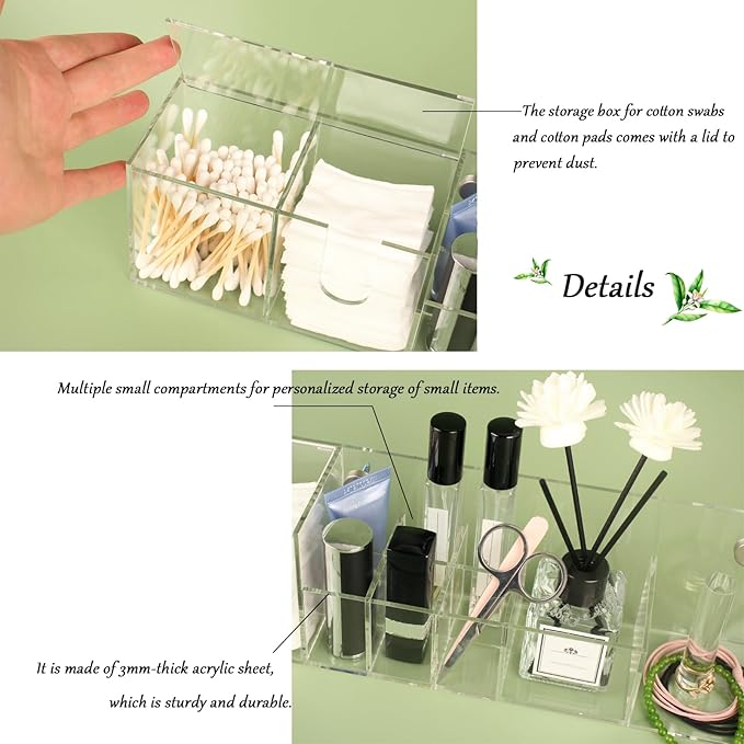 YQUQAQN Wall-Mountable Arylic Makeup Organizer for Bathroom Countertop Organizer with 9 Slots for Small Items Clear Bathroom Storage Accessories 1 Pack with Decorative Screws