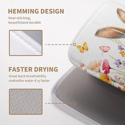 Spring Easter Dish Drying Mat for Kitchen Counter Easter Bunny Rabbit Eggs Flowers Dishes Drainer Mats 16x18 Microfiber Absorbent Medium Dish Drying Pad for Kitchen Countertop Tableware Decor