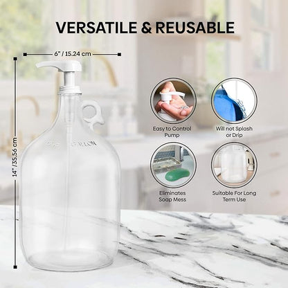 Gallon Glass Pump Dispenser Bottle, Large Jug Laundry Liquid Detergent Dispenser with Pump for Laundry Room Organization, Soap, Fabric Softener, Commercial Condiment Dispenser- 128 oz by Kitchentoolz