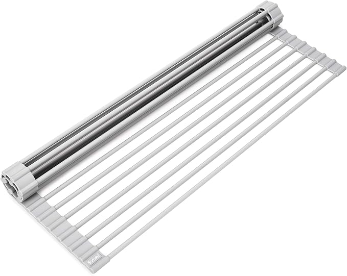 Surpahs 20.5 x 13.1 Inch Roll-Up Dish Drying Rack, Fits Sinks up to 19.5 Inch Wide, Heavy-Duty Premium Silicone, Strong Support, Non-Slip, Heat-Resistant, Warm Gray