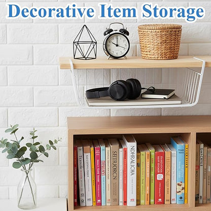 6 Pack Under Shelf Basket, Slide in Wire Hanging Storage Baskets, Slides Under Wire Shelves, Undershelf Hanging Storage Bin Basket for Kitchen, Pantry, Counter, Desk Bookshelf (Black)