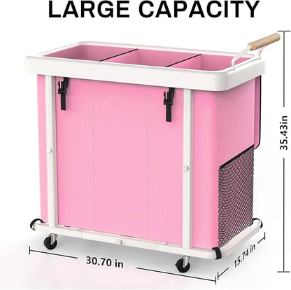 230L (60 Gal) Extra Large Fashion Laundry Sorter 3 Section with Lid, Rolling Laundry Basket Hamper with Handle, Laundry Organizer Storage Cart with Sturdy Metal Frame for Laundry Room,Hotel,Pink