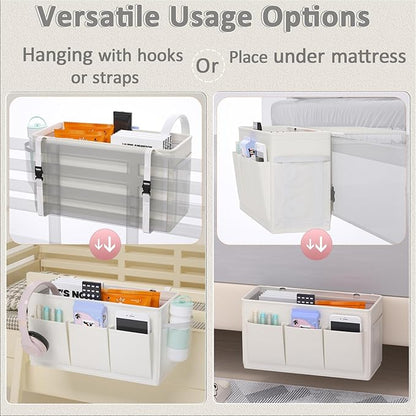 Edudif Dual-purpose Bedside Caddy Bedside Organizer, Bed Caddy with 6 Pockets, Versatile Bedside Storage Solution Magazine Remotes holder, ideal for Home, Dorm, Hospital, Crib Bed (White)
