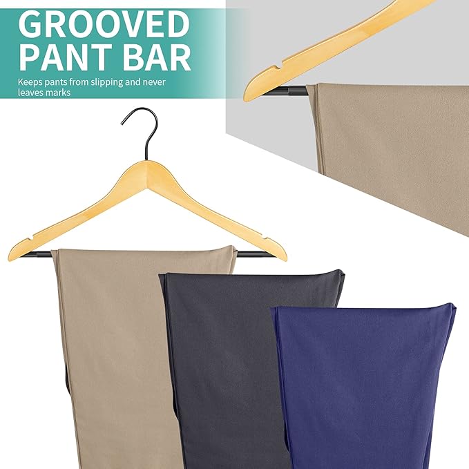 Perfecasa Premium Quality Solid Wood Clothes Hangers for Suits and Coats, Smooth Finishes, Non-Slip Pants Bar, 360° Swivel Soft Coated Hooks. Pack of 20(Clear Natural)