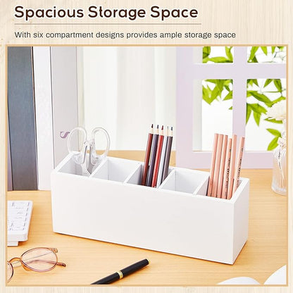 Jetec Wooden Pencil Holder 5 Compartments for Desk Adjustable Pen Holder Wood Office Desk Organizers and Accessories Makeup Brush Organizer for Pen, Home, Office and Art Supplies (White)