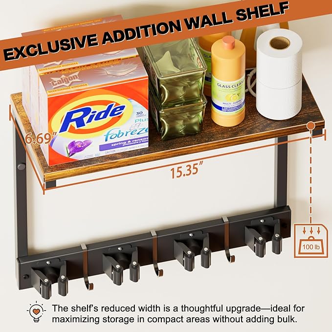 Broom Holder Wall Mount with Cleaning Supplies Organizer, Laundry Room Organization and Storage Shelves, Mop Hanger Broom Rack with Hooks, Home Improvement Kitchen Shelf Garage Organizer