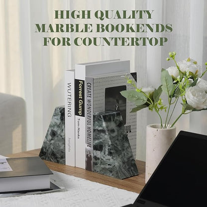 Marble Bookends for Heavy Books, Decorative Bookends for Shelves, Green Stone Book Ends, Heavy-Duty Book Ends for Hardback Book & Cookbooks, Unique Book Stopper & Holder, Set of 2