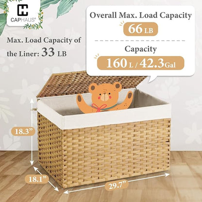 CAPHAUS Handwoven Synthetic Rattan Storage Basket w/Lid, Foldable Clothes Basket with Handles, 2 Removable Liner Bags for Laundry, Large Laundry Basket w/Lid, Laundry Basket w/Lid, 160L, Natural