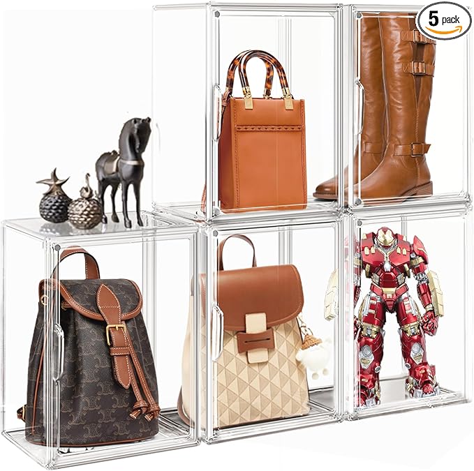 DAYOOH 5 Pcs Super Large Acrylic Display Case Purse Handbag Storage Organizer for Closet Clear Stackable Bag Storage Boxes for Books, Boots, Collectibles, Cosmetic