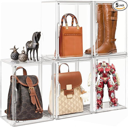 DAYOOH 5 Pcs Super Large Acrylic Display Case Purse Handbag Storage Organizer for Closet Clear Stackable Bag Storage Boxes for Books, Boots, Collectibles, Cosmetic