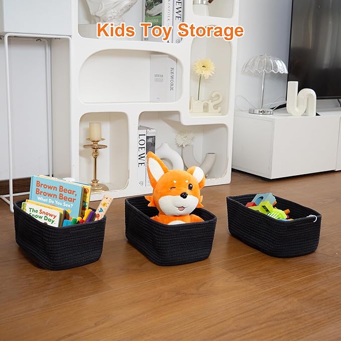 Small Storage Baskets for Organizing, Woven Storage Bins for Shelves, Gift Basket Empty, Cute Decorative Closet Organizer, Baby Rope Basket, Dog Toy Storage, 12.6x8.2x5”, 3Packs Black