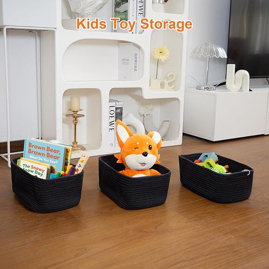 Small Storage Baskets for Organizing, Woven Storage Bins for Shelves, Gift Basket Empty, Cute Decorative Closet Organizer, Baby Rope Basket, Dog Toy Storage, 12.6x8.2x5”, 3Packs Black