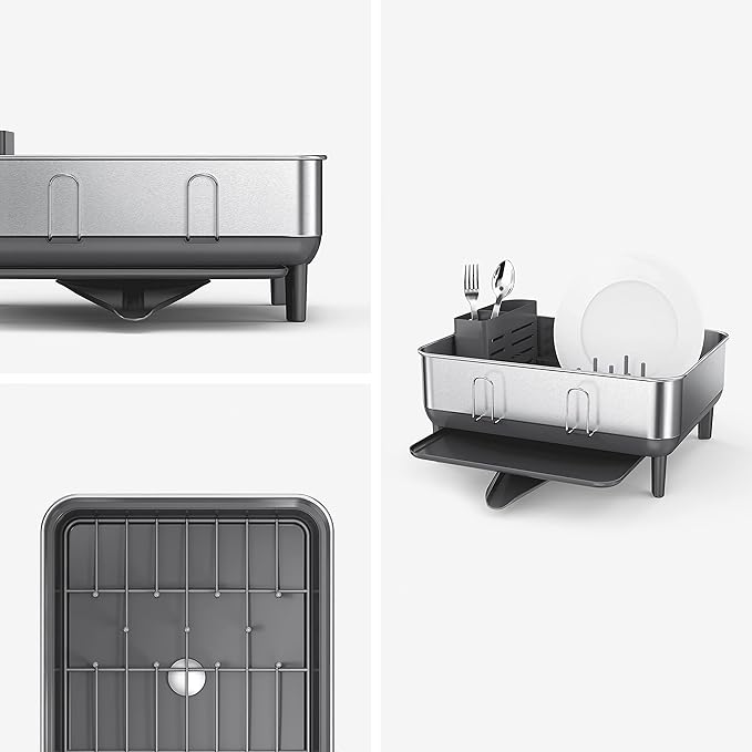 simplehuman Compact Dish Drying Rack with Stainless Steel Frame, 360º Easy Drain Swivel Spout, Utensil Holder, Anti-Residue Coating, Moisture Control Surface, Grey