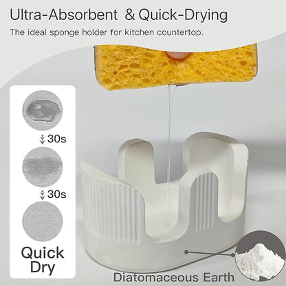 BekPooQ Ultra Absorbent Stone Sponge Holder for Kitchen Sink, 2 Slot Diatomite Dish Brush Sponge Holder, Diatomite Stone Sink Tray, Rustproof Sinks Caddy for Countertop, Double, White