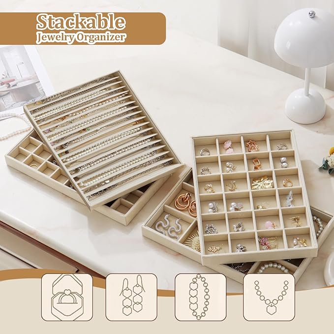 KATISYIO Large Jewelry Drawer Organizer Trays Set of 4, Stackable Velvet Jewelry Trays Organizer Holder Display Storage Showcase for Earring Necklace Bracelet Ring Accessary (Beige, 12+17+24+48 Grids)