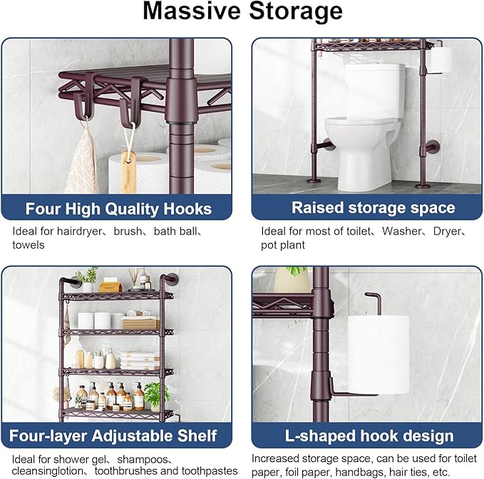Roxibelt K3 Wall Mounted 4-Tier Over the Toilet Storage，Metal Above Toilet Storage with Paper Hook,Over Toilet Bathroom Organizer with Adjustable Shelf，Above Toilet Rack 9.7"Dx 25.6"Wx 74.3"H,Espresso