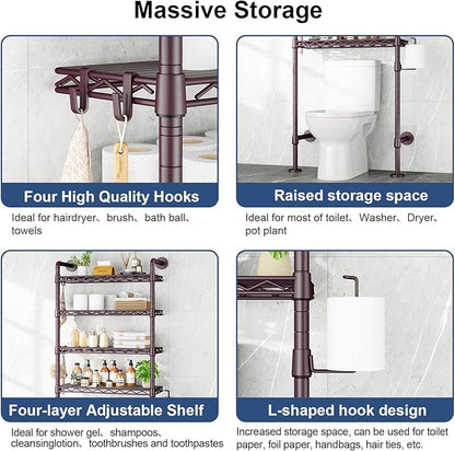 Roxibelt K3 Wall Mounted 4-Tier Over the Toilet Storage，Metal Above Toilet Storage with Paper Hook,Over Toilet Bathroom Organizer with Adjustable Shelf，Above Toilet Rack 9.7"Dx 25.6"Wx 74.3"H,Espresso