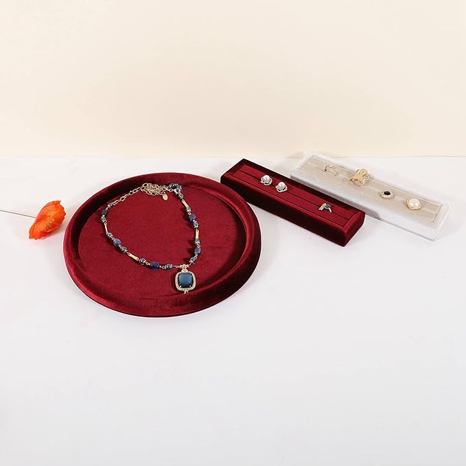 GemeShou Round Jewelry Organizer Plate, Top Microfiber Velvet Jewelry Display Tray, Empty Jewelry Showcase Tray for Necklaces, Bracelets, Rings, Earrings (Red-Large, 9.8 x 9.8 in)