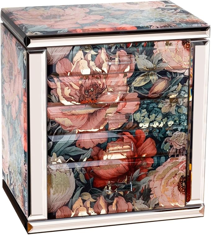 Homruilink High End Glass Jewelry Box - 5 Layer Jewelry Organizer with 2-Sided Doors and Mirror - Velvet-Lined Organizer For Ring, Necklace, Earring, Bracelet Storage - Christmas Gifts For Women
