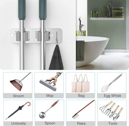 Wall Mount Mop and Broom Holder, Heavy Duty Stainless Steel Organizer Rack with Hooks | 2-Pack, 2-in-1 No Drill & Screw Installation, Silver