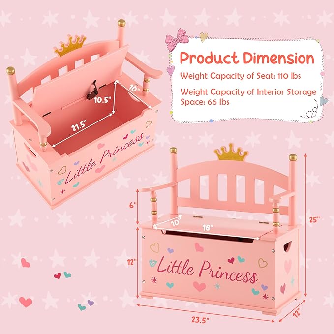 Costzon Wooden Toy Box, 2 in 1 Toy Chest Storage Bench Seat with Safety Hinged Lid, Kids Toy Storage Organizer for Playroom Bedroom, Children's Furniture, Pink