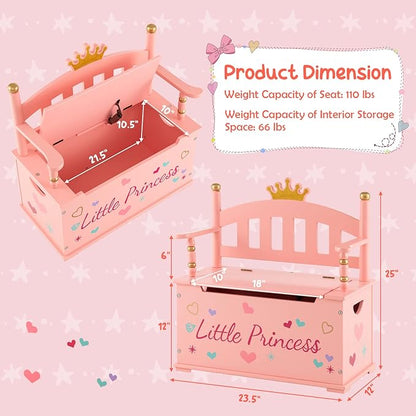 Costzon Wooden Toy Box, 2 in 1 Toy Chest Storage Bench Seat with Safety Hinged Lid, Kids Toy Storage Organizer for Playroom Bedroom, Children's Furniture, Pink