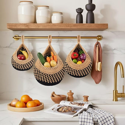 Honeydak Boho Decor Hanging Wall Baskets for Kitchen 3 Pack Teardrop Baskets with Hooks Storage Fruit Onion Vegetable Potato for Home 3 Sizes (Linen with Black,Cotton Rope)