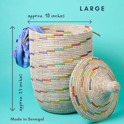 Small Colorful White Basket for Decor, Organizing, Storage - Living Room Blankets, Nursery Toys, Laundry, Towels, Pillows, Comforter, Cushions - Wicker, Woven, Round, Lid, Handles
