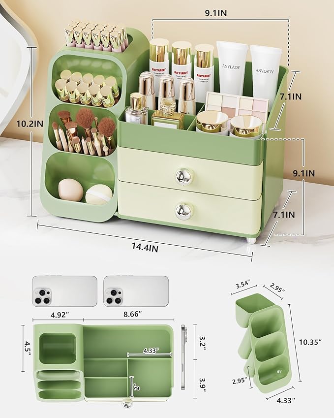 Anylady Makeup Organizer with Drawers, Skincare Organizer (Large Size Thick), Storage Box Cosmetic Display Cases, Make up Organizers for Vanity, Dresser, Desk, Kitchen, Countertop (green)