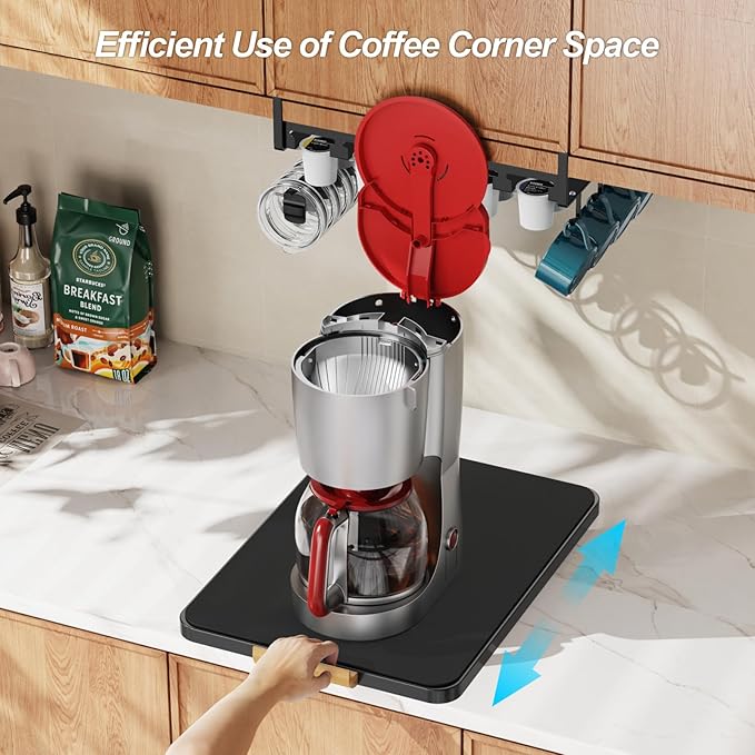 GSlife Appliance Slider and K Pod Storage Basket - 2 in Set of Sliding Tray for Coffee Maker and Under Shelf Storage for K Pod Coffee, Appliance Rolling Tray with Mat for Countertop, Bunlde
