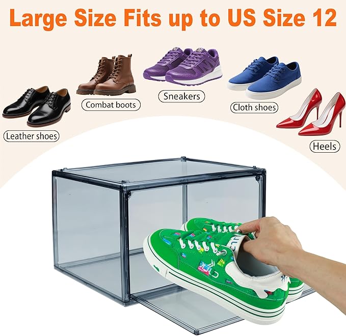 3BBYJL 12 Pack Shoe Boxes Size 13 Acrylic Shoe Organizer Clear Storage Box Plastic Stackable Sneaker Display Case with Magnetic Lids