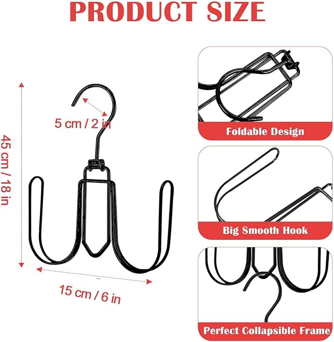 NAKBINX 2 Pack Hat Hanger for Closet, Collapsible Metal Hat Organizer for Baseball Caps, Racks with 4 Big Hooks, 360° Rotation Space Saving Hangers, Better Organizer&Display for Tie, Scarves, Black