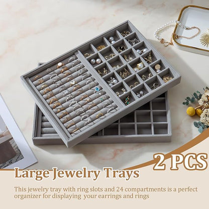 KATISYIO Large Velvet Jewelry Tray 2 Pack Stackable Jewelry Display Drawer Inserts Trays Organizer for Earring Bracelet Necklace Ring (Gray, Ring and 24 Grids)