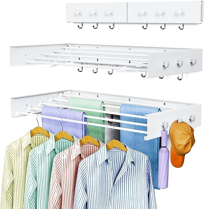 Drying Rack Clothing,Clothes Drying Rack Wall Mounted,Laundry Drying Rack Wall Mount,Foldable,Collapsible,60 lb Capacity 5 Aluminium Poles with 6 Hooks (White, 31.5" Upgrade)