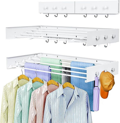 Drying Rack Clothing,Clothes Drying Rack Wall Mounted,Laundry Drying Rack Wall Mount,Foldable,Collapsible,60 lb Capacity 5 Aluminium Poles with 6 Hooks (White, 31.5" Upgrade)