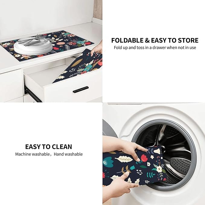 Colorful Flowers Black Dish Drying Mat 18x24 For Kitchen Counter Absorbent Microfiber Dishes Pad Dish Drainer Rack Mats Fast Dry Kitchen Accessories