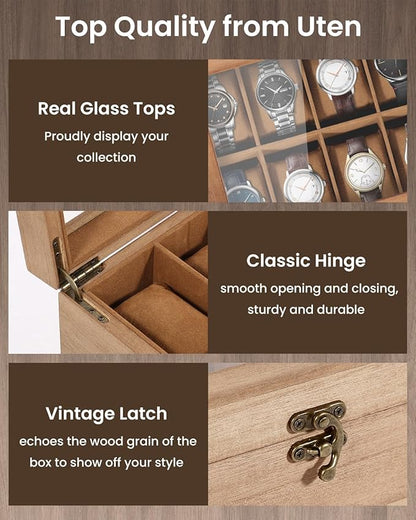 Uten 8-Slot Watch Box, 2-Layers Solid Wood Watch Display Case with Glass Lid, Watch Holder Organizer with Soft Pillow and Velvet Lining, Watch and Jewelry Storage Box, Browm