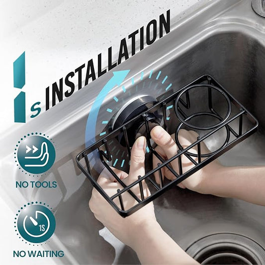 TAILI 4-in-1 Sponge Holder for Kitchen Sink with Strong Suction Cup Removable, Rustproof Aluminum Sink Caddy for Sponge, Brush, Scrubber, Scraper -Black