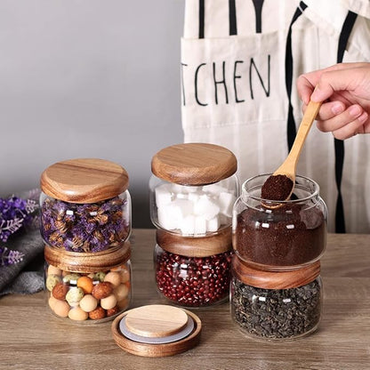 SAIOOL Kitchen Canisters Set of 6-8.5oz Glass Spice Jars With Acacia Airtight Lid and Labels Round Spice Bottles for kitchen Seasoning Baby Food Kids Snacks Meal Prep Containers Candle