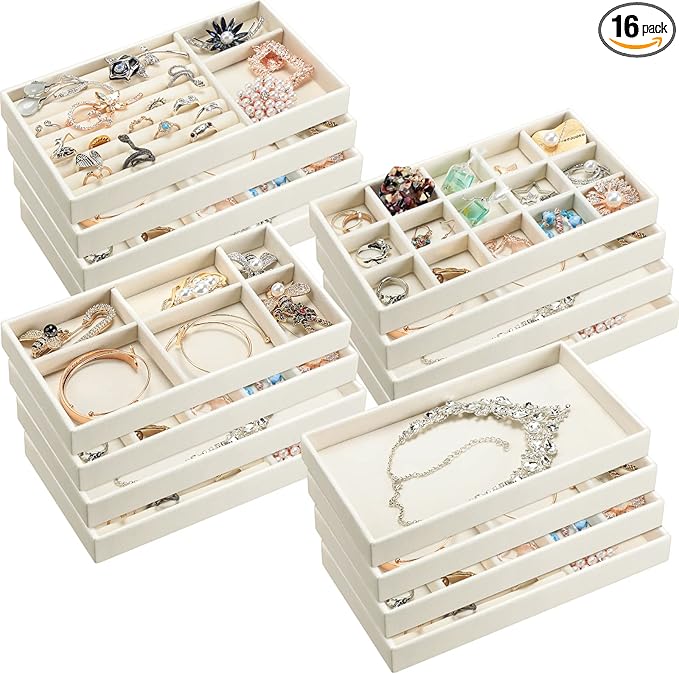 Kenning 16 Pcs Stackable Jewelry Organizer Trays for Drawers, Velvet Jewelry Drawer Inserts Trays Earring Organizer, 8. 3x5x1 Inch Dresser Ring Easter Earring Storage Display for Women Teacher Gifts