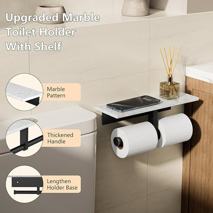 Marble Toilet Paper Holder with Shelf,Doulble Bathroom Tissue Roll Holder,304 Stainless Steel Toilet Paper Holder Wall Mounted,Modern Tissue Holder for Bathroom Washroom,Matte Black