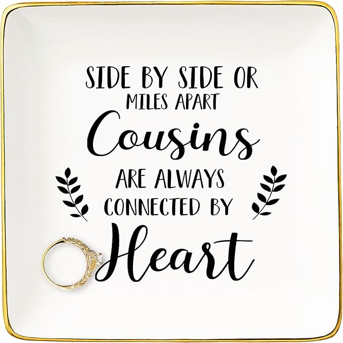 Side by Side or Miles Apart Cousins Are Always Connected by Heart – Ceramic Jewelry Holder Ring Dish Trinket Tray for Cousin – Birthday Christmas Graduation Wedding Gifts For Cousin,Women,Her