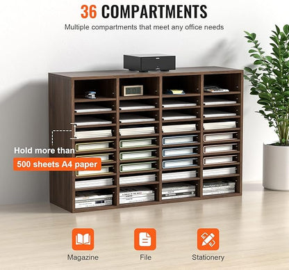 VEVOR Literature Organizers, 36 Compartments Office Mailbox with Adjustable Shelves, Wood Literature Sorter 39.3x12x26.8 inches for Office, Home, Classroom, Mailrooms Organization, EPA Certified Brown