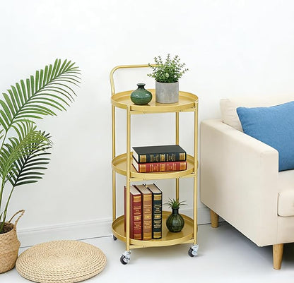 Round 3-Tier Rolling Bar Cart with Locking Wheels, Metal Serving Cart with Handle, 18" x 16" Mobile Organizer for Dining Room, Living Room, Bar (Gold)
