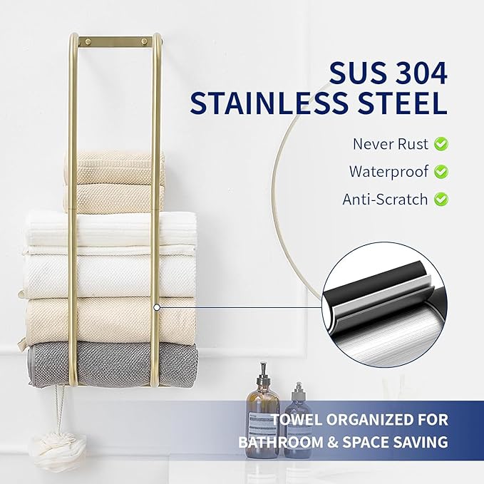 BWE Brushed Gold Towel Racks for Bathroom, Stainless Steel Towel Holder for Rolled Towels, Wall Mounted Bathroom Towel Storage Holds Up 6 Large Bath Sheets, with 2 Hooks