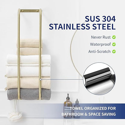BWE Brushed Gold Towel Racks for Bathroom, Stainless Steel Towel Holder for Rolled Towels, Wall Mounted Bathroom Towel Storage Holds Up 6 Large Bath Sheets, with 2 Hooks