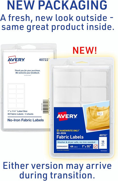 Avery No-Iron Fabric Labels, 1" x 1-3/4", Washer and Dryer-Safe Waterproof Labels, Non-Printable, 40 Total (40722)