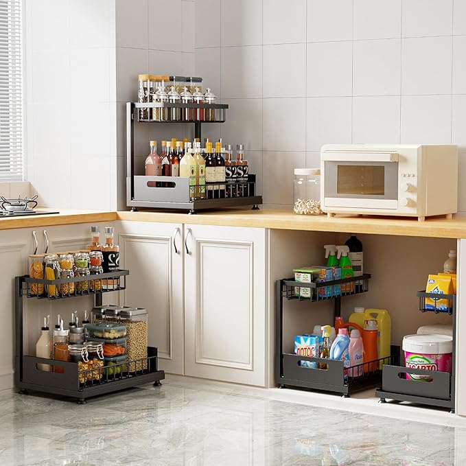Under Sink Organizer Storage 2-Tier Premium Metal Pull-Out Racks, Height Adjustable, Heavy Dut and Easy Installation for Kitchen & Bathroom Organizers 2 Pack