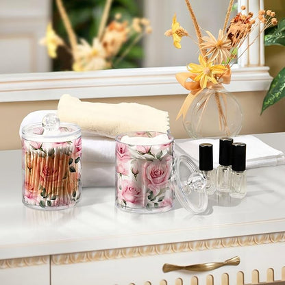 MNSRUU 2 Pack Qtip Holder Organizer Dispenser Pink Roses Pink Bathroom Storage Canister Cotton Ball Holder Bathroom Containers for Cotton Swabs/Pads/Floss